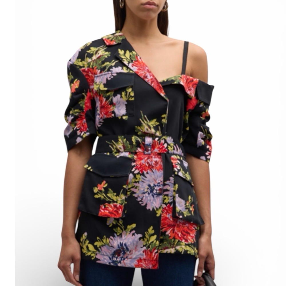 Cinq à Sept Floral Asymmetric Wrap Jacket Size 2 Chrysanthemum Print